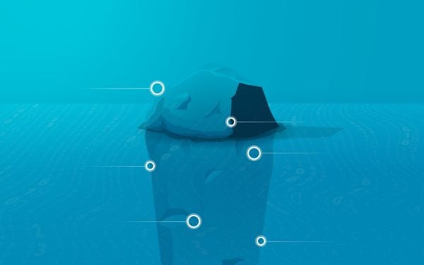 Symbolischer Eisberg für Background-Check mit Fokus auf verborgene Risiken, digitale Identitätsprüfung und Sicherheitsüberwachung im Schweizer Kontext.