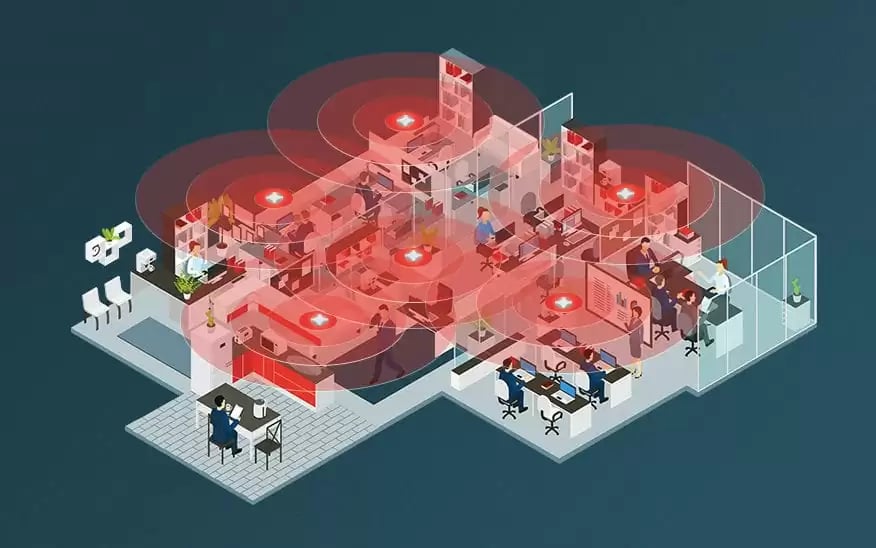 WLAN-Ausleuchtung in einem modernen Büro mit mehreren Access Points und rot markierten Funkzellen