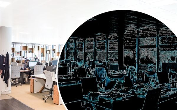 Symbolbild für Wirtschaftsschutzkonzept mit visualisiertem Büro im Normal- und Analysemodus zur Darstellung von Sicherheitsstrategien, Spionageprävention und Risikoerkennung in Schweizer Unternehmen.