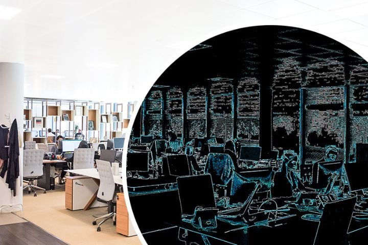 Visualisierung eines Schweizer Grossraumbüros mit digitaler Überwachungslinse als Symbol für Wirtschaftsschutzkonzept, Spionageprävention und Sicherheitsstrategie im Unternehmensumfeld.