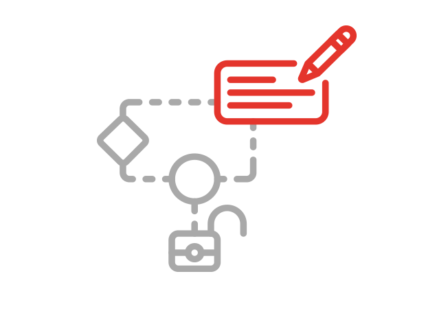 Icon für Cyber Security Operations Center mit Prozesssymbolen, Zugriffskontrolle und Eingabemaske als Darstellung für Sicherheitsworkflows und Vorfallbearbeitung in der Schweiz.