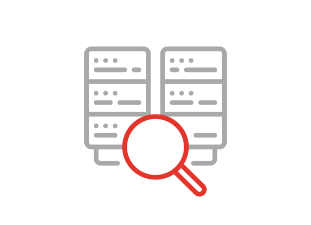Icon mit Servern und Lupe als Symbol für das Erkennen von Cyberbedrohungen, Sicherheitsvorfällen und Systemanomalien in Schweizer IT-Infrastrukturen.