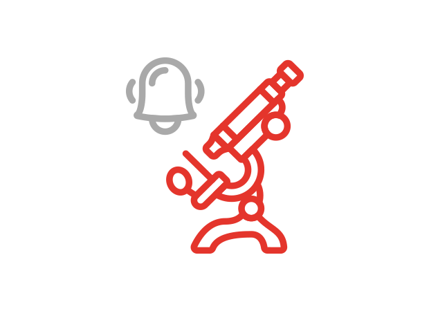 Icon mit Mikroskop und Alarmglocke als Symbol für das Analysieren von Sicherheitsvorfällen, Logdaten und Bedrohungsinformationen in Schweizer IT-Umgebungen.