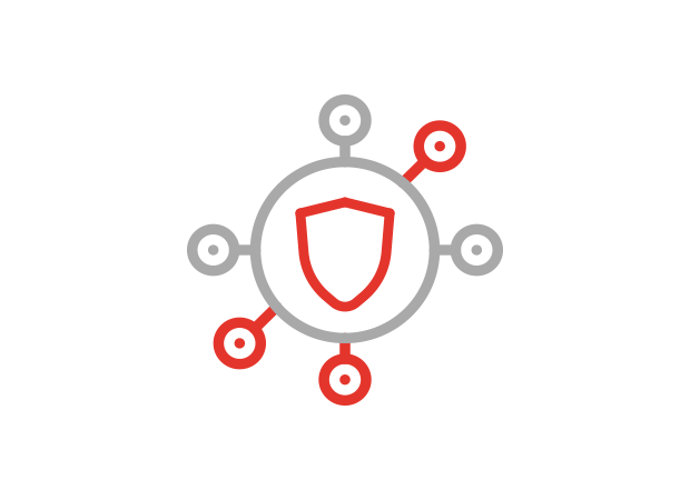 Icon mit zentralem Schutzschild und markierten Angriffspunkten als Symbol für das Beseitigen von Cyberbedrohungen und Schwachstellen in Schweizer IT-Netzwerken.