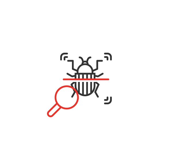 Symbol-Icon für Cyber Security Audit mit Lupe und Malware-Symbol zur Darstellung von Schwachstellenscan, Codeanalyse und IT-Sicherheitsprüfung in Schweizer Unternehmen.