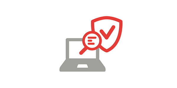 IT-Sicherheitsaudit Symbol mit Laptop, Lupe und Häkchen-Schild für Cyber Security Prüfungen
