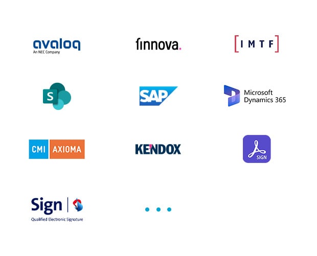 Docugate Schnittstellen Logos von Avaloq, Finnova, IMTF, Sharepoint, SAP, Microsoft Dynamics, CMI Axioma, Kendox, Adobe Acrobat Sign, Sign von Swisscom