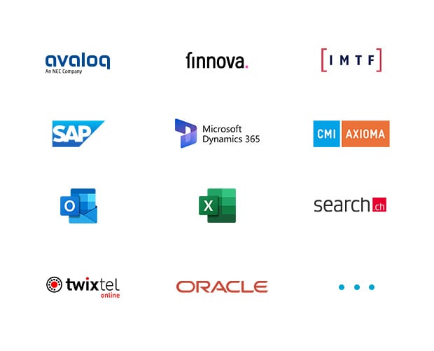 Docugate Schnittstellen Logos von Avaloq, Finnova, IMTF SAP, Microsoft Dynamics, CMI Axioma, Outlook, Excel, search.ch, Twixtel und Oracle
