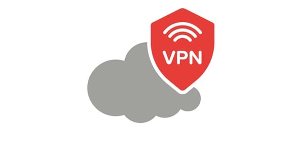 VPN-Cloud-Symbol – rotes VPN-Schutzschild vor grauer Wolke als Zeichen für sichere Verbindung