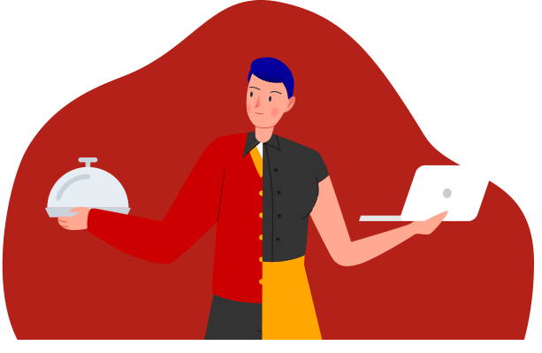 Hotel Digitalisierung Illustration mit Symbolfigur für traditionellen Service und moderne Technologie im Gastgewerbe