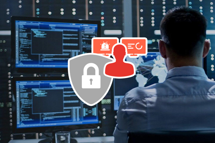 Sicherheitsanalyst im Cyber Security Operations Center überwacht IT-Systeme auf mehreren Bildschirmen mit Fokus auf Bedrohungserkennung, Datenschutz und Echtzeit-Sicherheitsanalyse in der Schweiz.