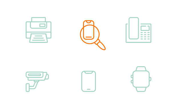 IoT-Geräteerkennung im Firmennetzwerk – Symbole für Drucker, Kamera, Smartwatch, Telefon, Smartphone und Gerätescan