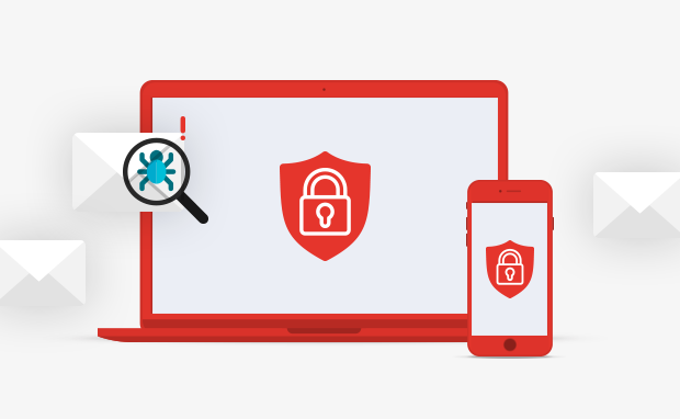 Cybersecurity Laptop und Handy – Darstellung von IT-Sicherheit mit Virenscanner und verschlüsselter Kommunikation