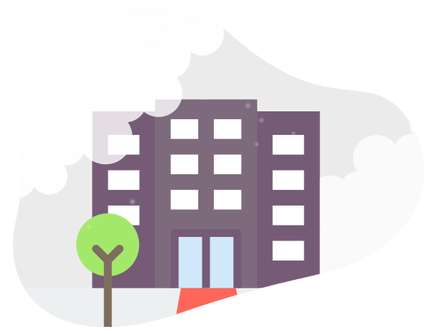 Hotelgebäude Illustration mit stilisiertem Eingangsbereich und Baum im Vordergrund