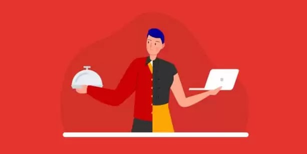 Digitale Transformation Hotellerie mit Symbolfigur für Hotelservice und Technologieeinsatz im Gastgewerbe