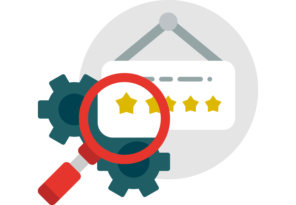 Hotelbewertung Analyse Icon mit Lupe, Zahnrädern und Sternebewertung als Symbol für Qualitätsmanagement im Gastgewerbe