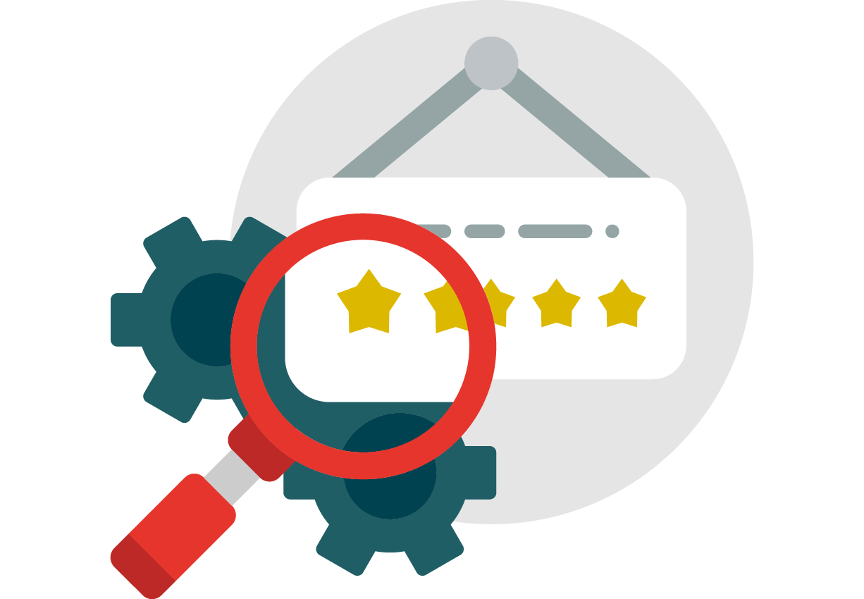 Hotelbewertung Analyse Icon mit Lupe, Zahnrädern und Sternebewertung als Symbol für Qualitätsmanagement im Gastgewerbe