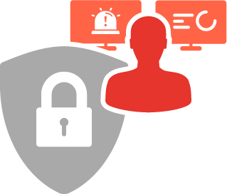 Icongrafik für Cyber Security Operations Center mit Benutzer, Sicherheitsschloss und Analysemonitoren als Symbol für Echtzeitüberwachung und IT-Sicherheitsmanagement in der Schweiz.