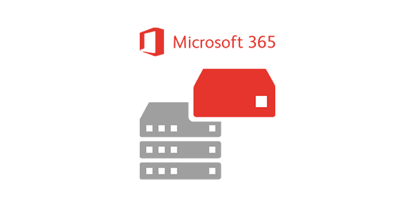 Microsoft 365 Datenspeicherung Symbol – graue Server mit roter Datei und Office 365 Logo