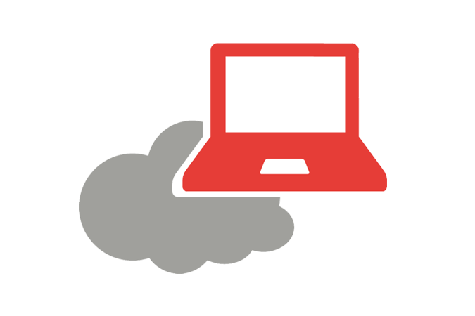 Cloud Laptop Icon – roter Laptop über grauer Wolke als Symbol für digitalen Arbeitsplatz und Cloud Computing