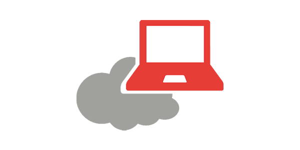 Cloud Computing Symbol mit Laptop – roter Computer über grauer Wolke als Icon für digitale Arbeitsplätze