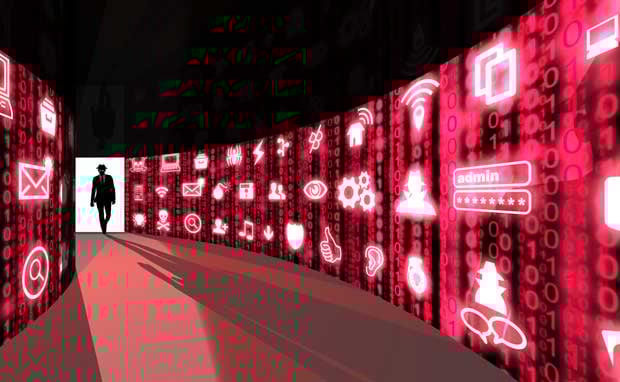 Hacker in Datenraum – Symbolbild für Cyberangriff mit roten Binärcode-Wänden und digitalen Icons