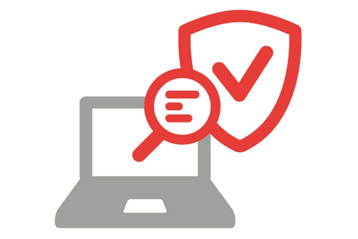 IT-Sicherheitsaudit Symbol mit Laptop, Lupe und Häkchen-Schild für Cyber Security Prüfungen
