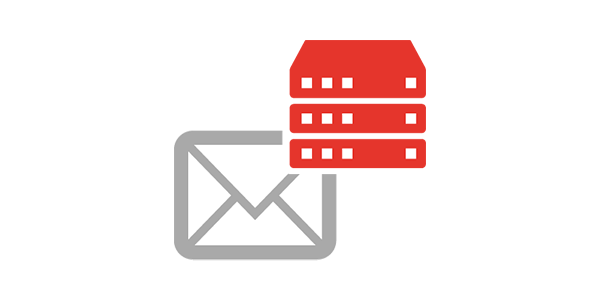 Symbol für E-Mail-Server – grauer Briefumschlag mit rotem Serverstapel als Icon für Mailhosting oder Exchange-Server