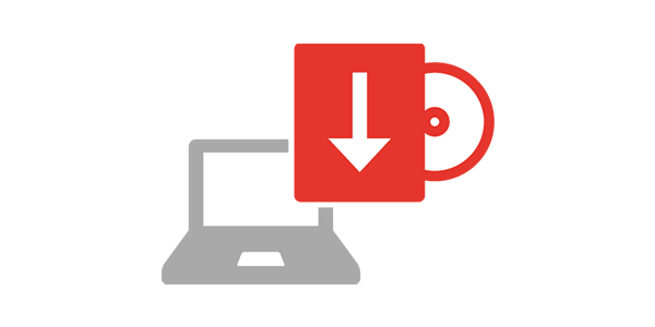 Symbol für Softwareinstallation – graues Laptop-Icon mit rotem Download- und CD-Symbol für Programm-Setup