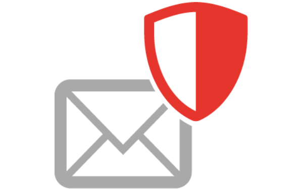 E-Mail Schutz Symbol – graues Mail-Icon mit rotem Schutzschild für sichere elektronische Kommunikation