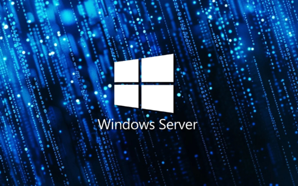 Windows Server Logo auf digitalem Hintergrund mit blauen Lichtpunkten für IT-Infrastruktur und Serverlösungen