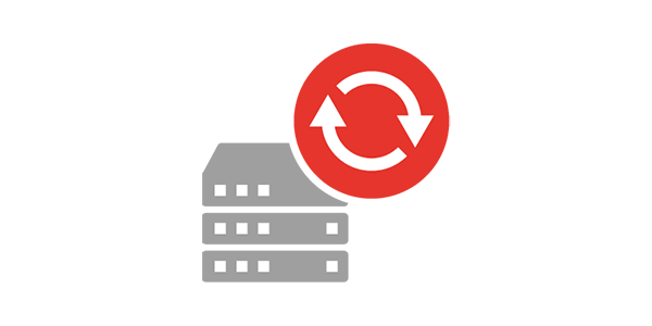 Server-Backup Symbol – graue Server mit rotem Kreispfeil-Icon für Datensicherung und Systemwiederherstellung