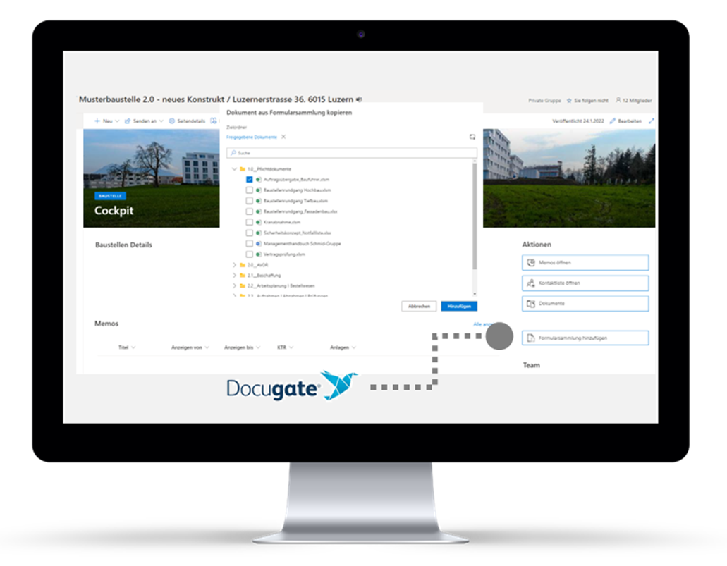 Screenshot der Docugate-Plattform mit geöffnetem Bauprojekt in Luzern – digitale Dokumentenverwaltung und Formularorganisation für Schweizer Baustellenprojekte.