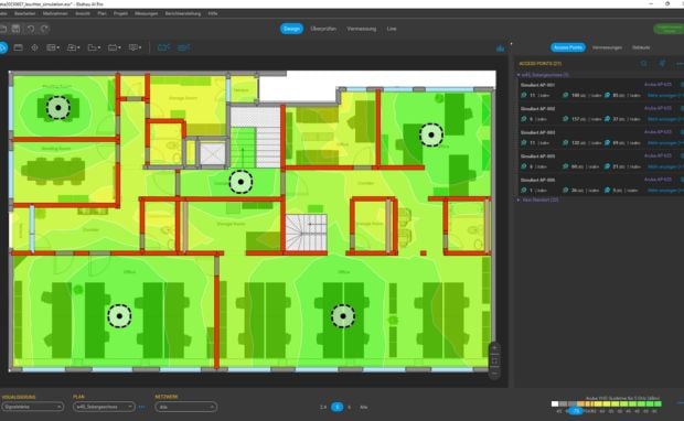 eine farbige Gebäudekarte mit Heatmap-Stil zur Funknetz- oder WLAN-Abdeckung