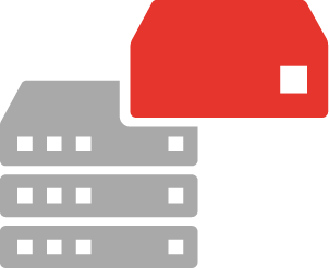 Icon für Datenspeicherung im Rechenzentrum – graue Serverstapel mit rotem Dateisymbol für sichere Datenablage