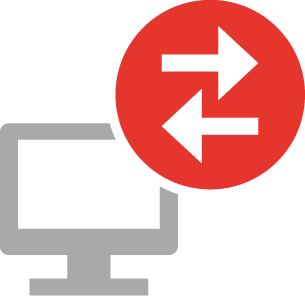 Remote Desktop Symbol – Datenübertragung mit Bildschirm und Pfeilen in rot-weiss Iconstil